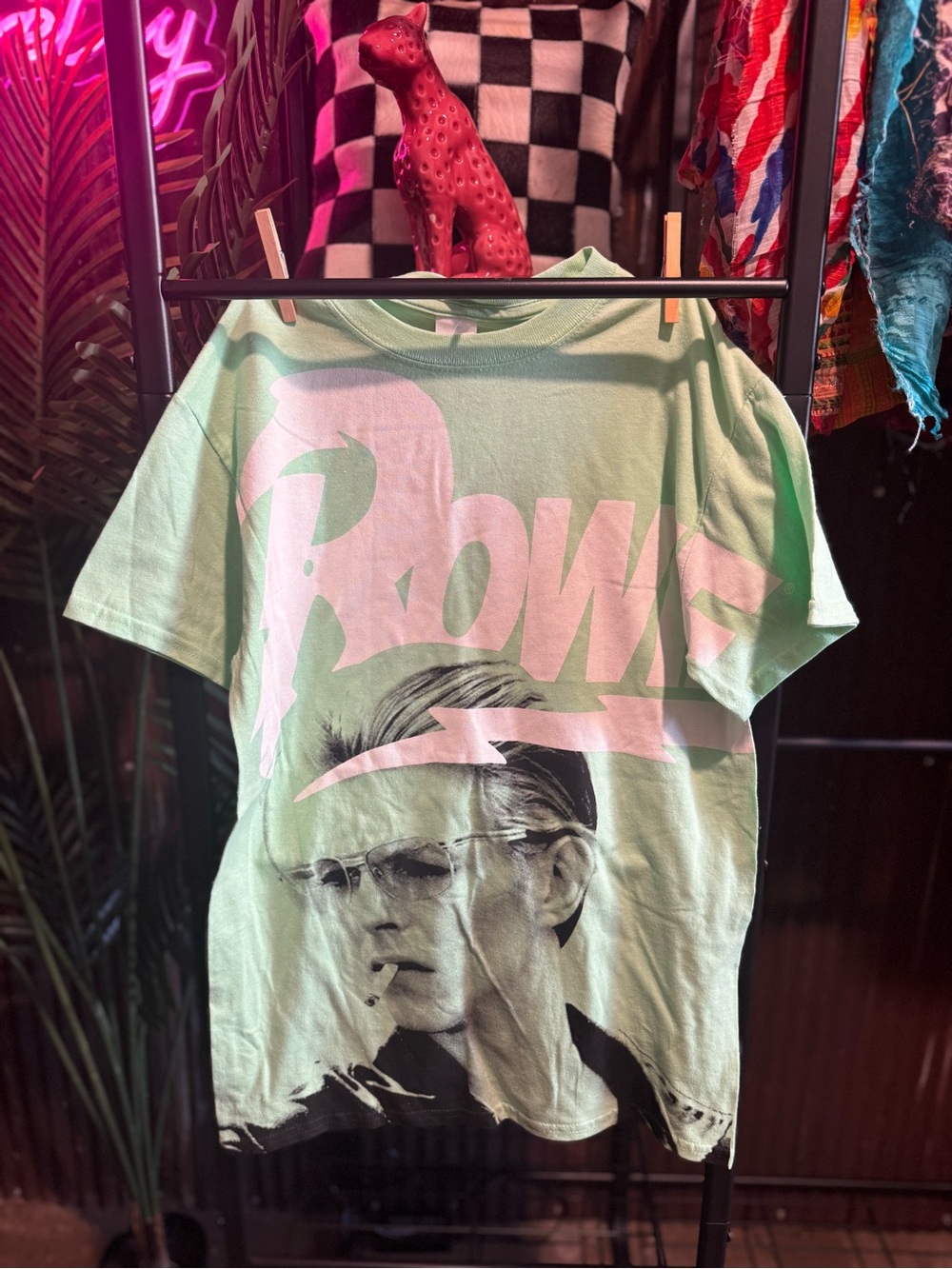 Gildan David Bowie Graphic Tee in Mint Green with Pink Logo